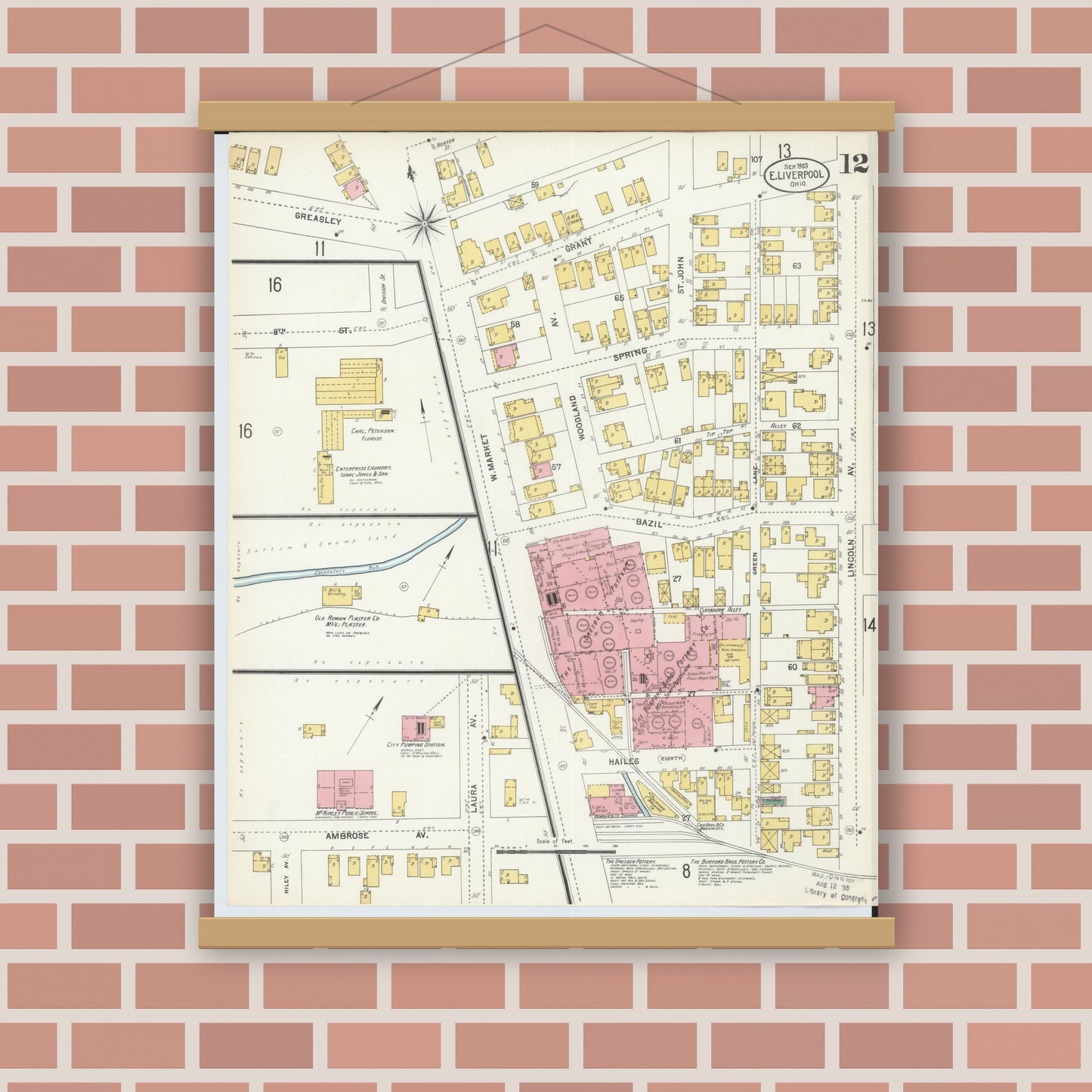 Old map wall art mockup — magnetic wood frame on brick wall — Sanborn Fire Insurance Map from East Liverpool, Columbiana County, Ohio (1903), Sheet #0012