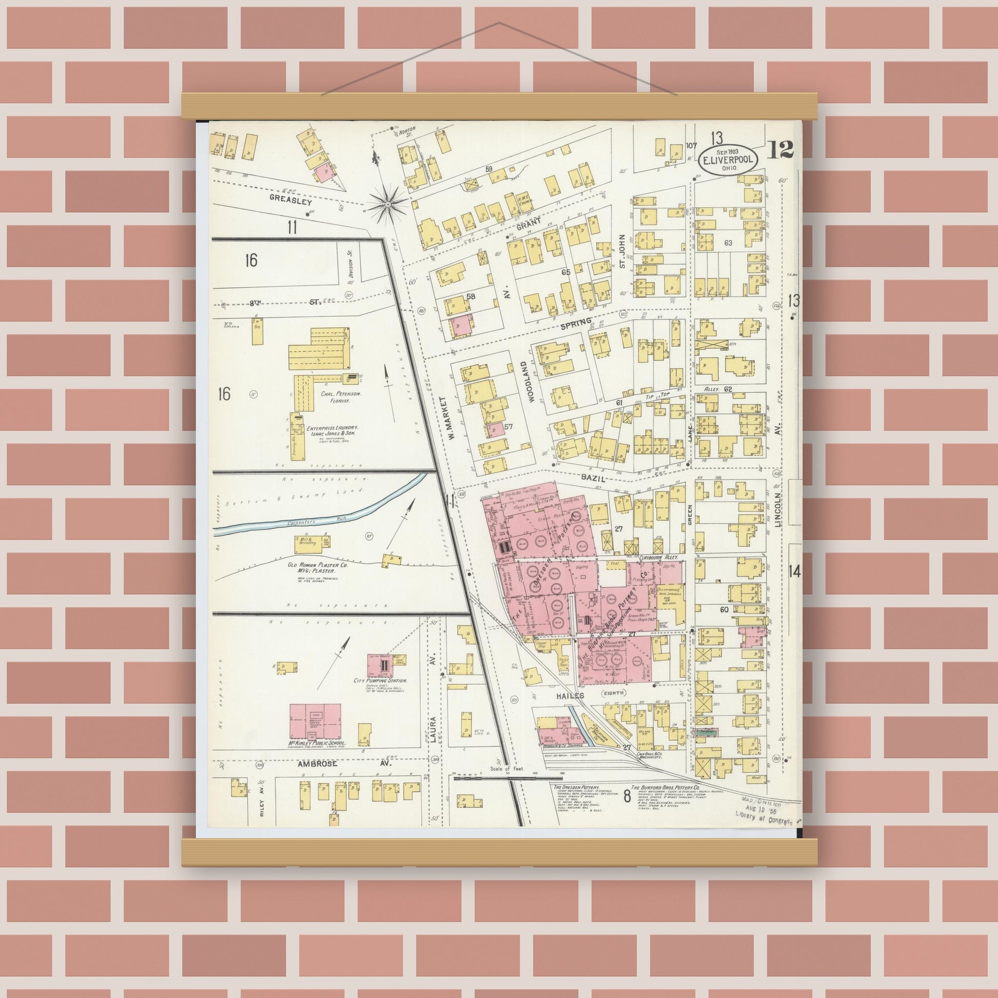 Old map wall art mockup — magnetic wood frame on brick wall — Sanborn Fire Insurance Map from East Liverpool, Columbiana County, Ohio (1903), Sheet #0012