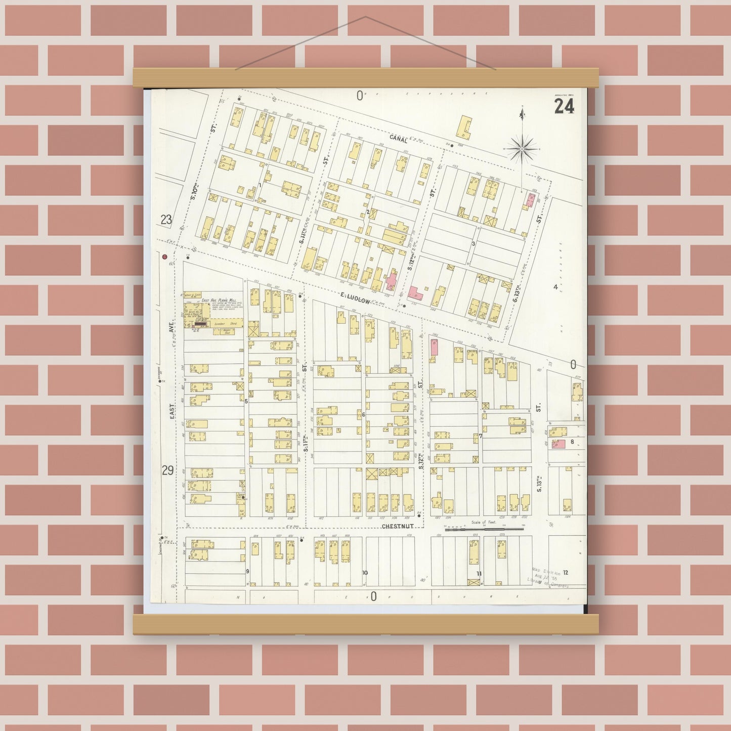 Old map wall art mockup — magnetic wood frame on brick wall — Sanborn Fire Insurance Map from Hamilton, Butler County, Ohio (1899), Sheet #0024