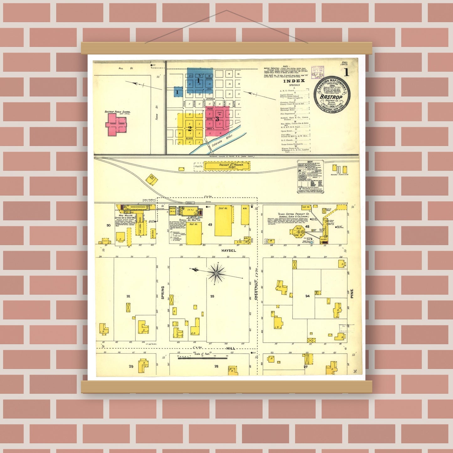 Old map wall art mockup — magnetic wood frame on brick wall — Sanborn Fire Insurance Map from Bastrop, Bastrop County, Texas (1906), Sheet #0001