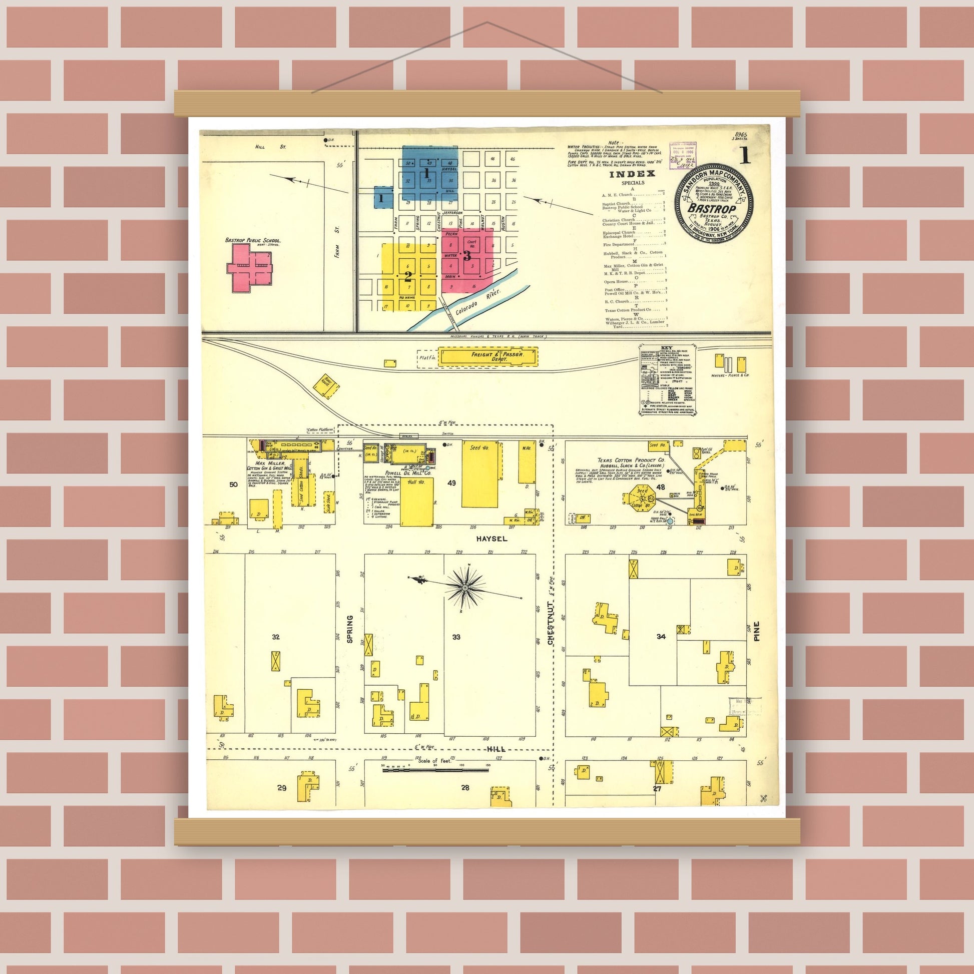 Old map wall art mockup — magnetic wood frame on brick wall — Sanborn Fire Insurance Map from Bastrop, Bastrop County, Texas (1906), Sheet #0001