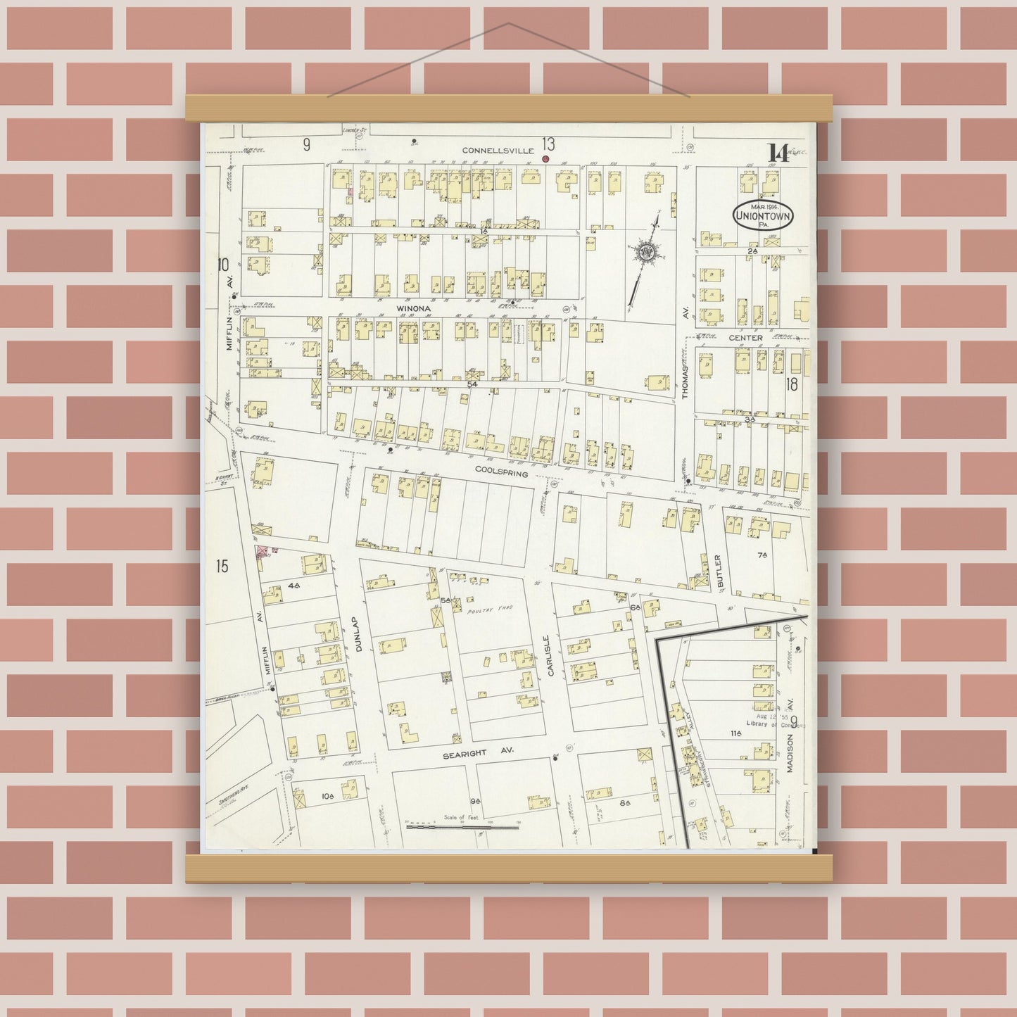 Old map wall art mockup — magnetic wood frame on brick wall — Sanborn Fire Insurance Map from Uniontown, Fayette County, Pennsylvania (1914), Sheet #0014