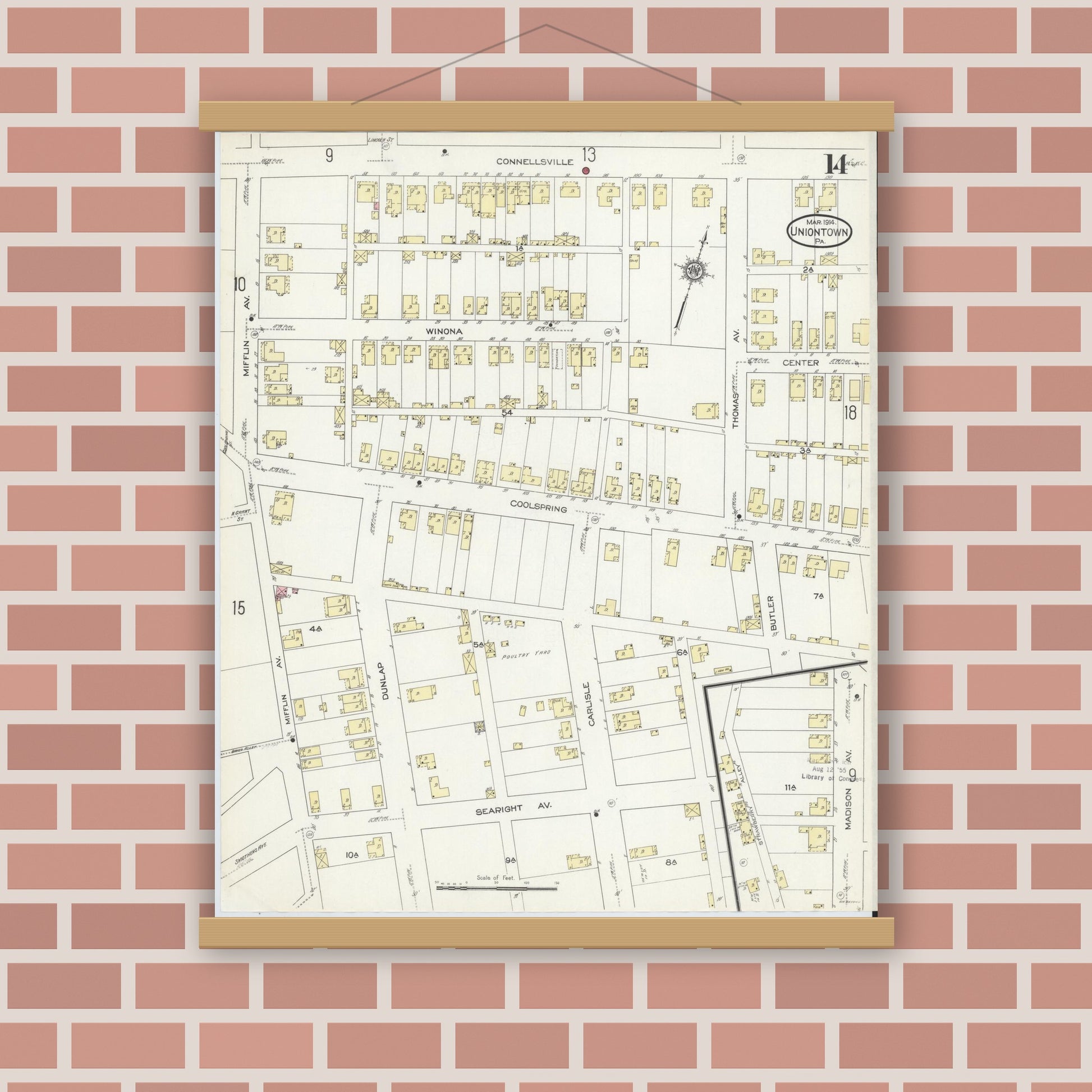 Old map wall art mockup — magnetic wood frame on brick wall — Sanborn Fire Insurance Map from Uniontown, Fayette County, Pennsylvania (1914), Sheet #0014