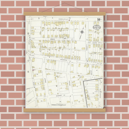 Old map wall art mockup — magnetic wood frame on brick wall — Sanborn Fire Insurance Map from Uniontown, Fayette County, Pennsylvania (1914), Sheet #0014