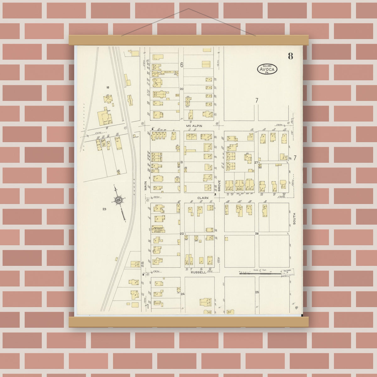 Old map wall art mockup — magnetic wood frame on brick wall — Sanborn Fire Insurance Map from Avoca, Luzerne County, Pennsylvania (1913), Sheet #0008