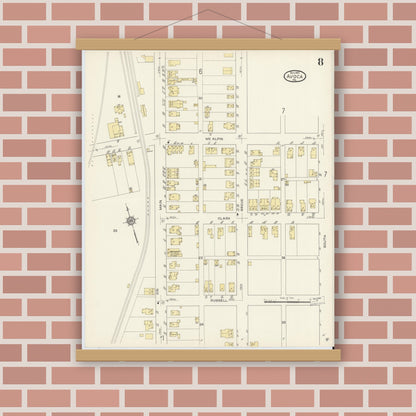 Old map wall art mockup — magnetic wood frame on brick wall — Sanborn Fire Insurance Map from Avoca, Luzerne County, Pennsylvania (1913), Sheet #0008