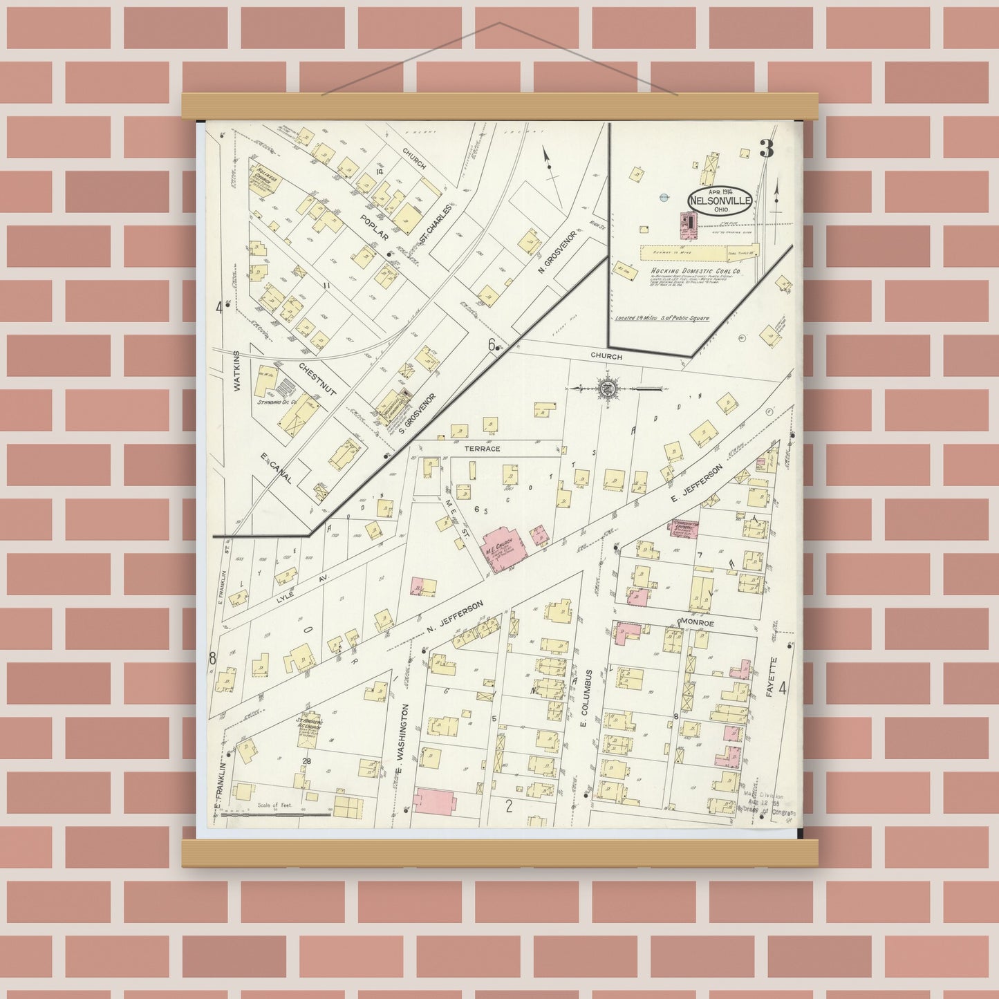 Old map wall art mockup — magnetic wood frame on brick wall — Sanborn Fire Insurance Map from Nelsonville, Athens County, Ohio (1914), Sheet #0003