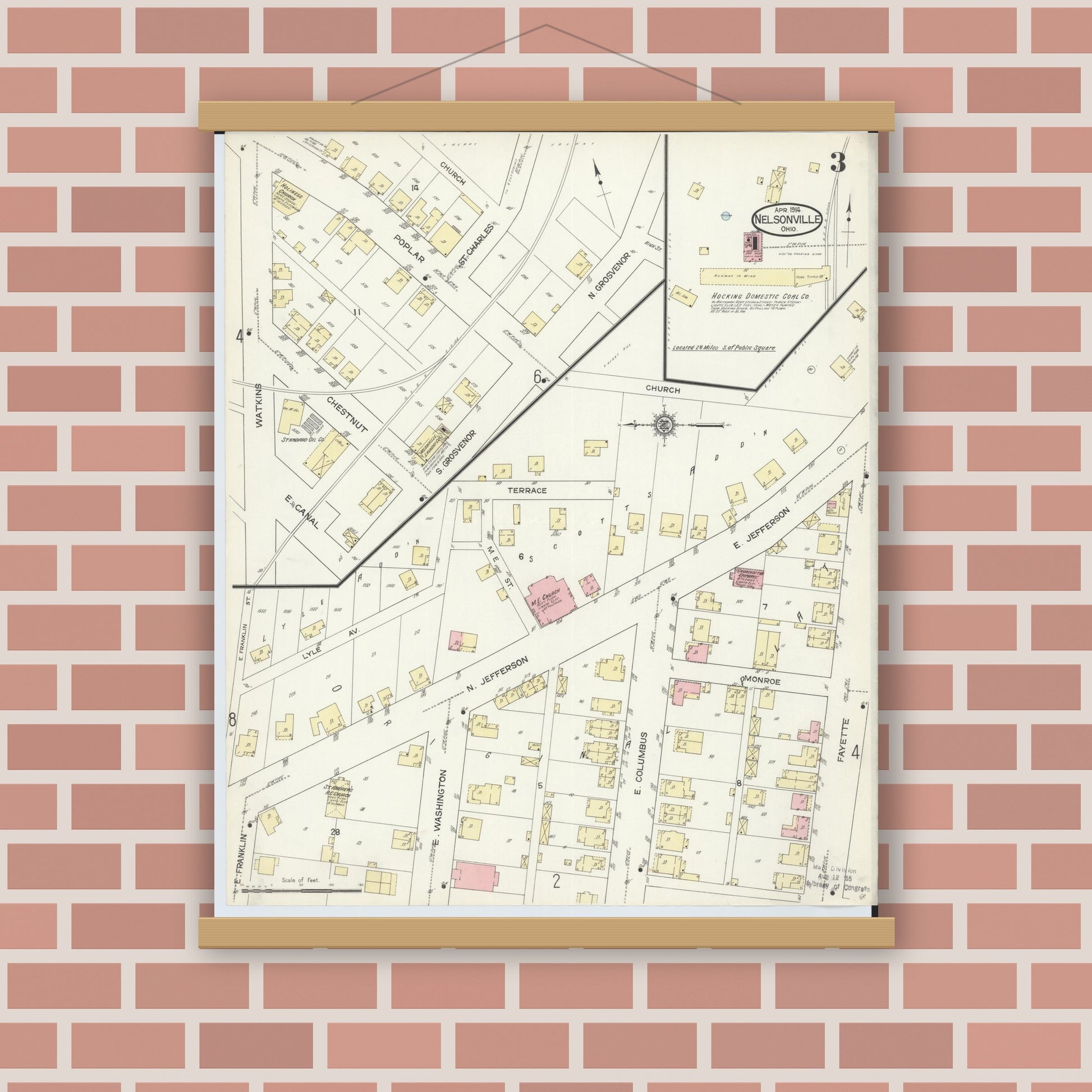 Old map wall art mockup — magnetic wood frame on brick wall — Sanborn Fire Insurance Map from Nelsonville, Athens County, Ohio (1914), Sheet #0003