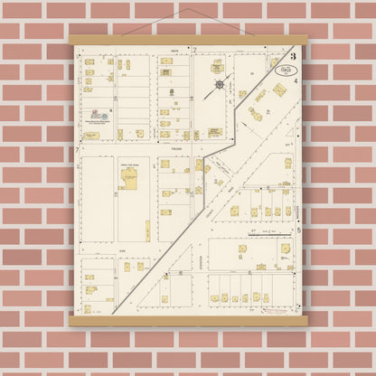 Old map wall art mockup — magnetic wood frame on brick wall — Sanborn Fire Insurance Map from Fowler, Fresno County, California (1914), Sheet #0003