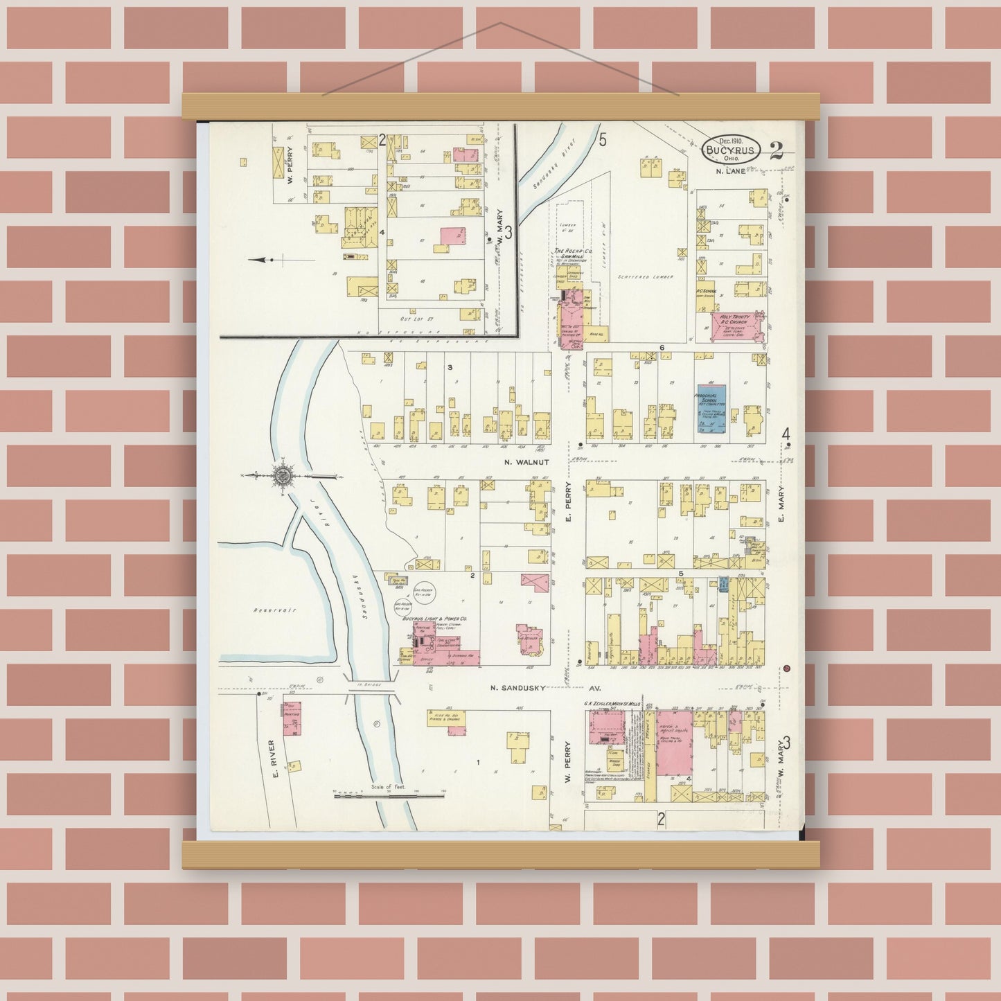 Old map wall art mockup — magnetic wood frame on brick wall — Sanborn Fire Insurance Map from Bucyrus, Crawford County, Ohio (1910), Sheet #0002