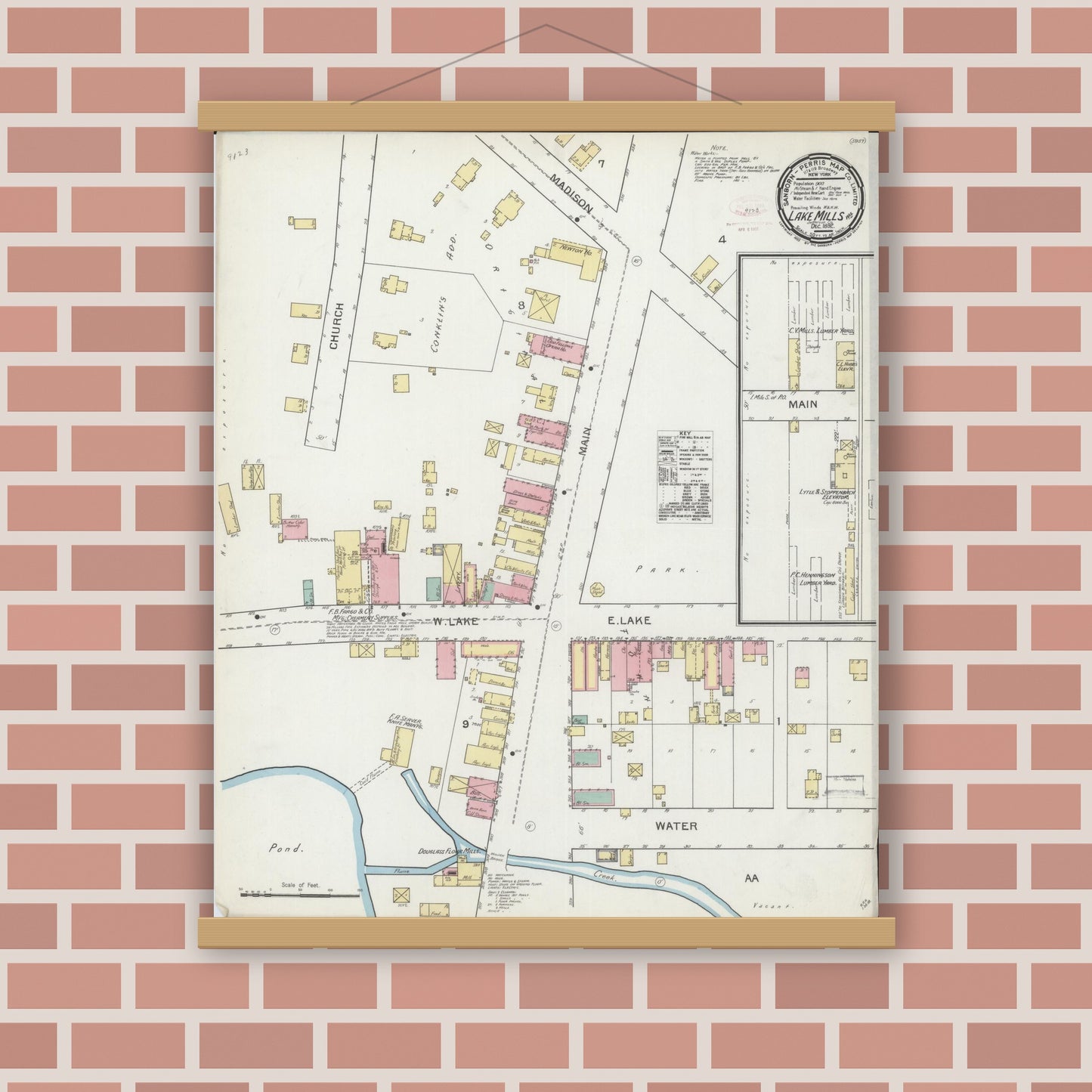 Old map wall art mockup — magnetic wood frame on brick wall — Sanborn Fire Insurance Map from Lake Mills, Jefferson County, Wisconsin (1892), Sheet #0001
