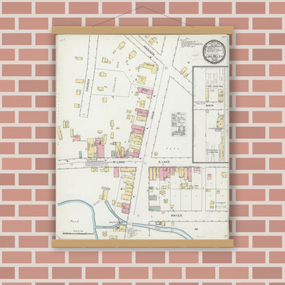 Old map wall art mockup — magnetic wood frame on brick wall — Sanborn Fire Insurance Map from Lake Mills, Jefferson County, Wisconsin (1892), Sheet #0001