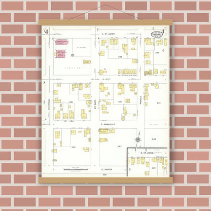 Old map wall art mockup — magnetic wood frame on brick wall — Sanborn Fire Insurance Map from Tarboro, Edgecombe County, North Carolina (1923), Sheet #0004