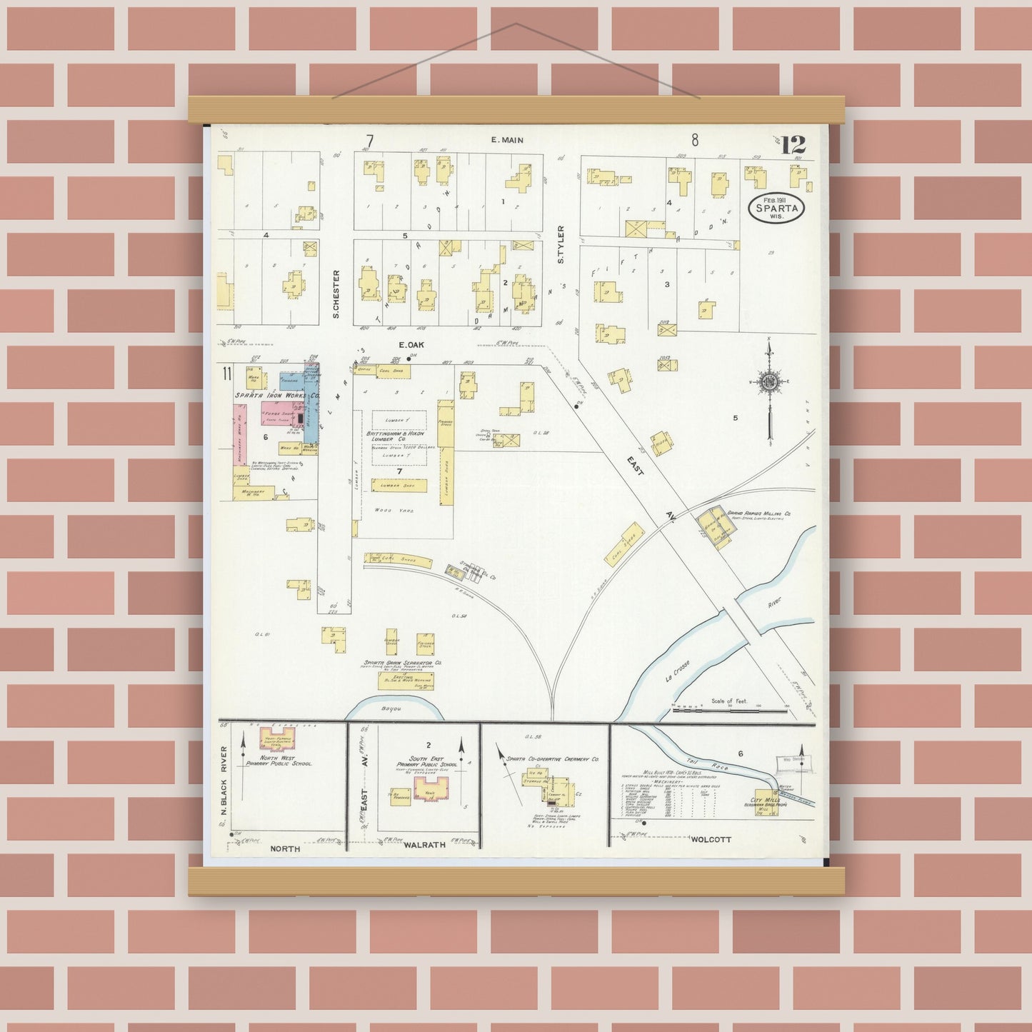 Old map wall art mockup — magnetic wood frame on brick wall — Sanborn Fire Insurance Map from Sparta, Monroe County, Wisconsin (1911), Sheet #0012
