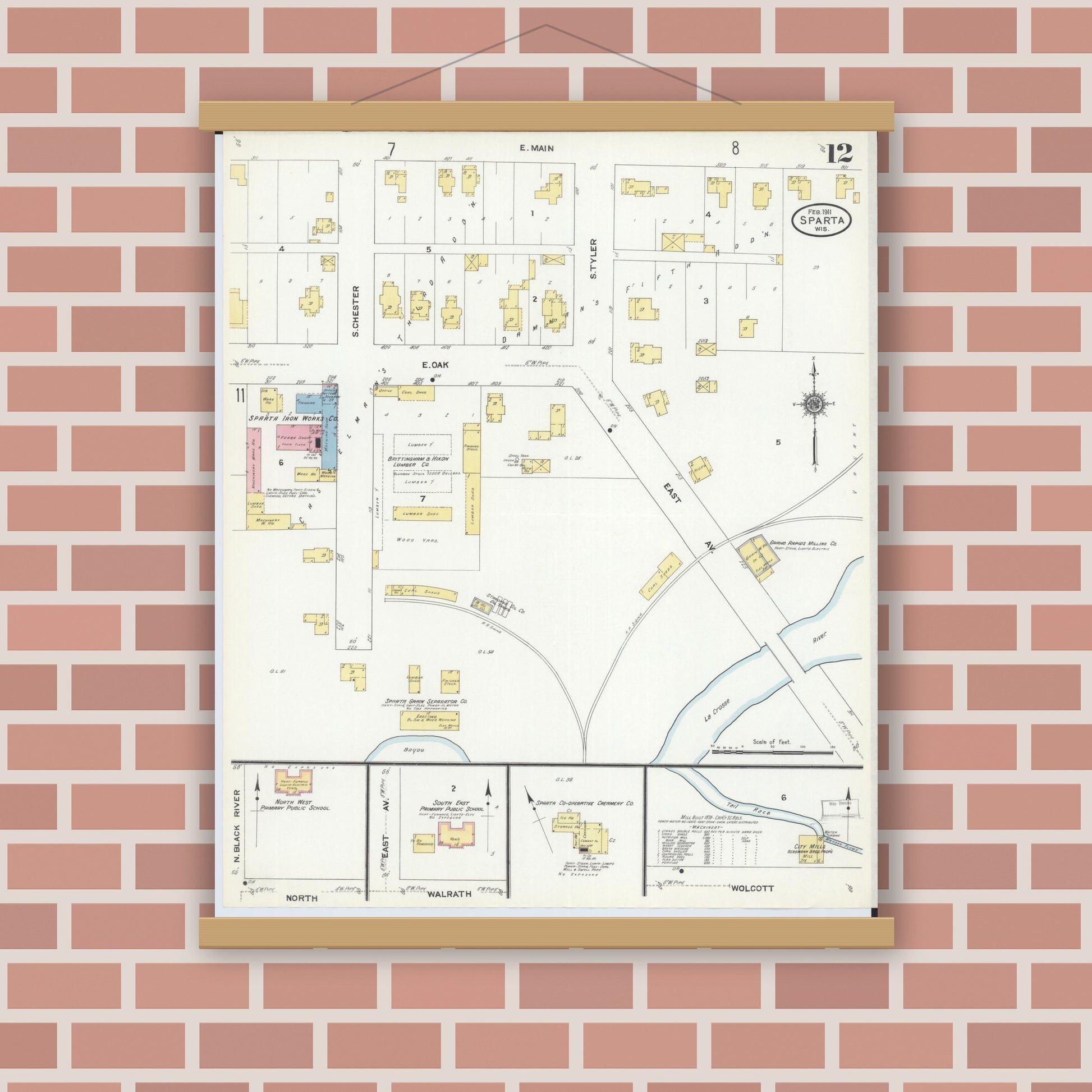 Old map wall art mockup — magnetic wood frame on brick wall — Sanborn Fire Insurance Map from Sparta, Monroe County, Wisconsin (1911), Sheet #0012