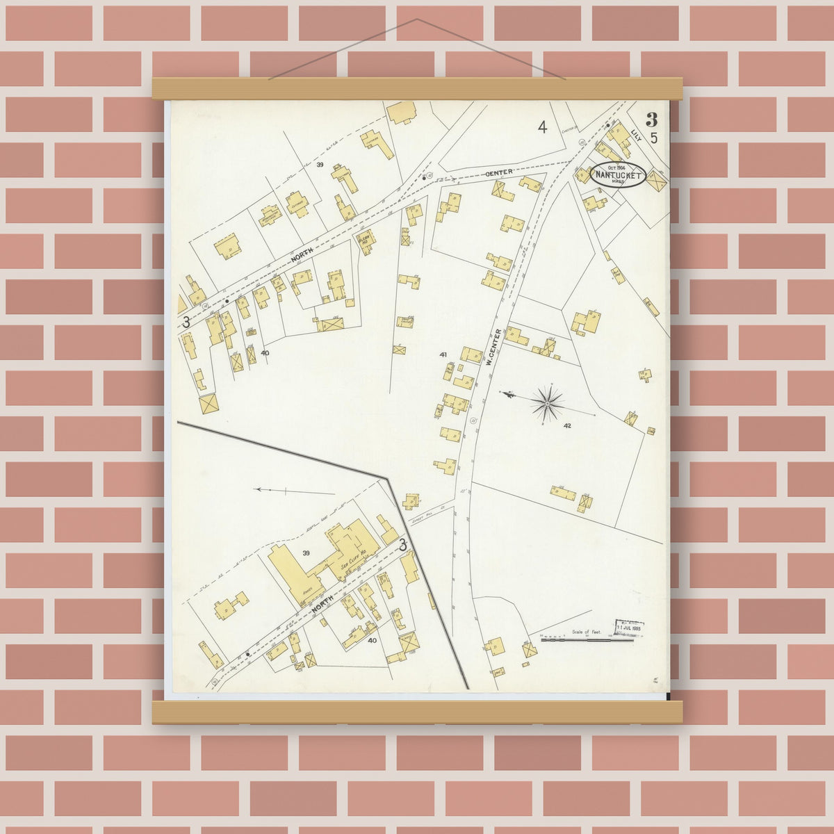 Old map wall art mockup — magnetic wood frame on brick wall — Sanborn Fire Insurance Map from Nantucket, Nantucket County, Massachusetts (1904), Sheet #0003