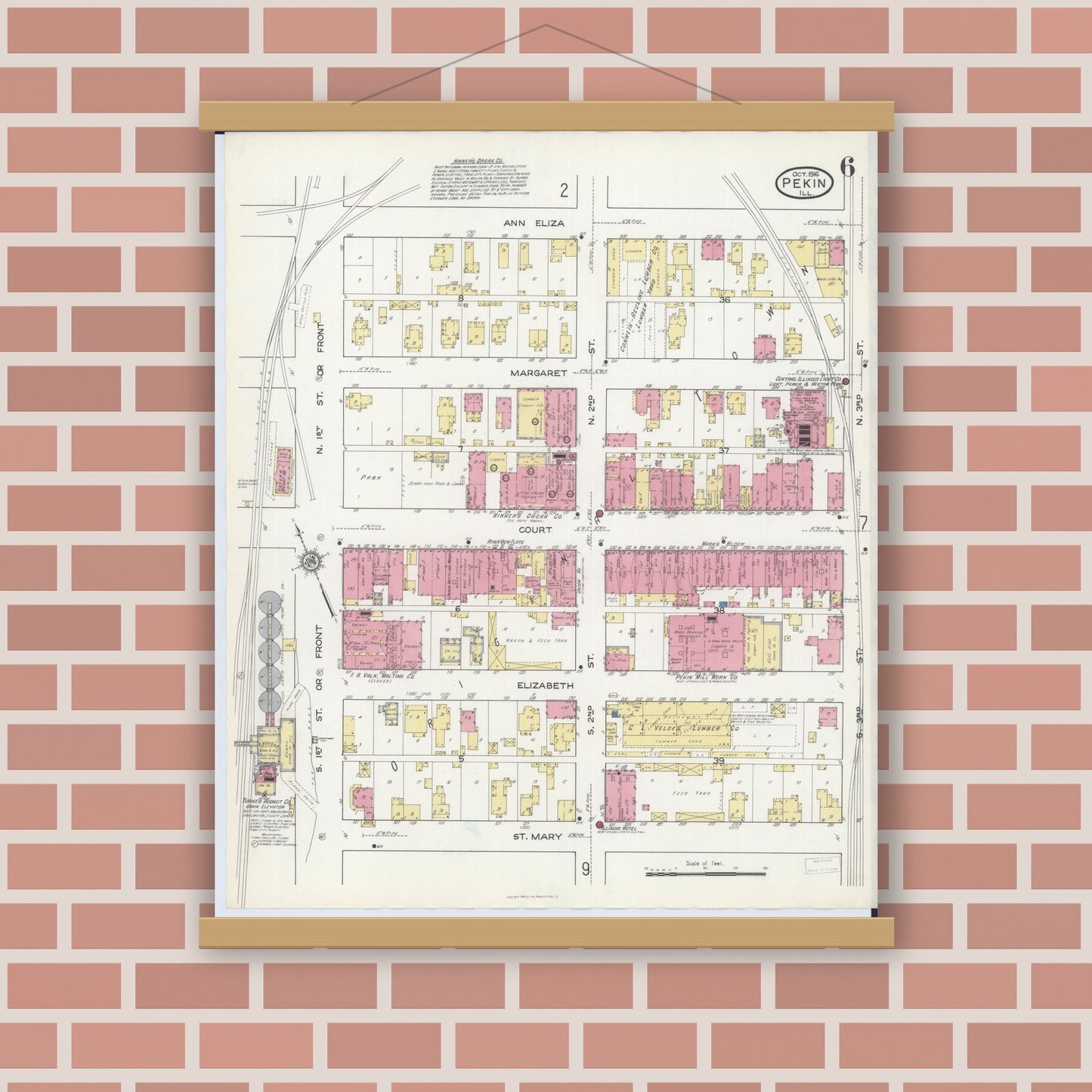 Old map wall art mockup — magnetic wood frame on brick wall — Sanborn Fire Insurance Map from Pekin, Tazewell County, Illinois (1916), Sheet #0006