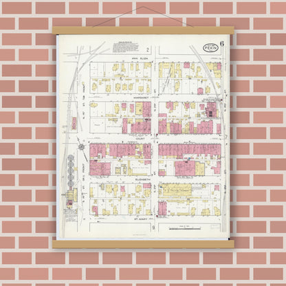 Old map wall art mockup — magnetic wood frame on brick wall — Sanborn Fire Insurance Map from Pekin, Tazewell County, Illinois (1916), Sheet #0006