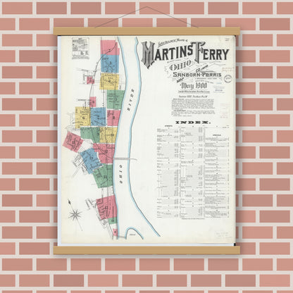 Old map wall art mockup — magnetic wood frame on brick wall — Sanborn Fire Insurance Map from Martins Ferry, Belmont County, Ohio (1900) - Complete Map Set