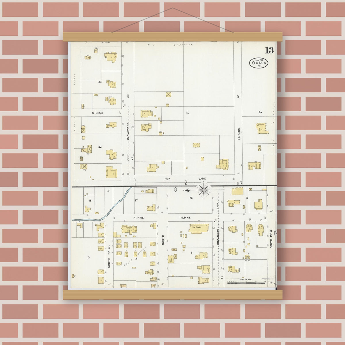 Old map wall art mockup — magnetic wood frame on brick wall — Sanborn Fire Insurance Map from Ocala, Marion County, Florida (1906), Sheet #0013