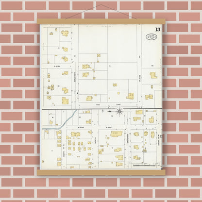Old map wall art mockup — magnetic wood frame on brick wall — Sanborn Fire Insurance Map from Ocala, Marion County, Florida (1906), Sheet #0013