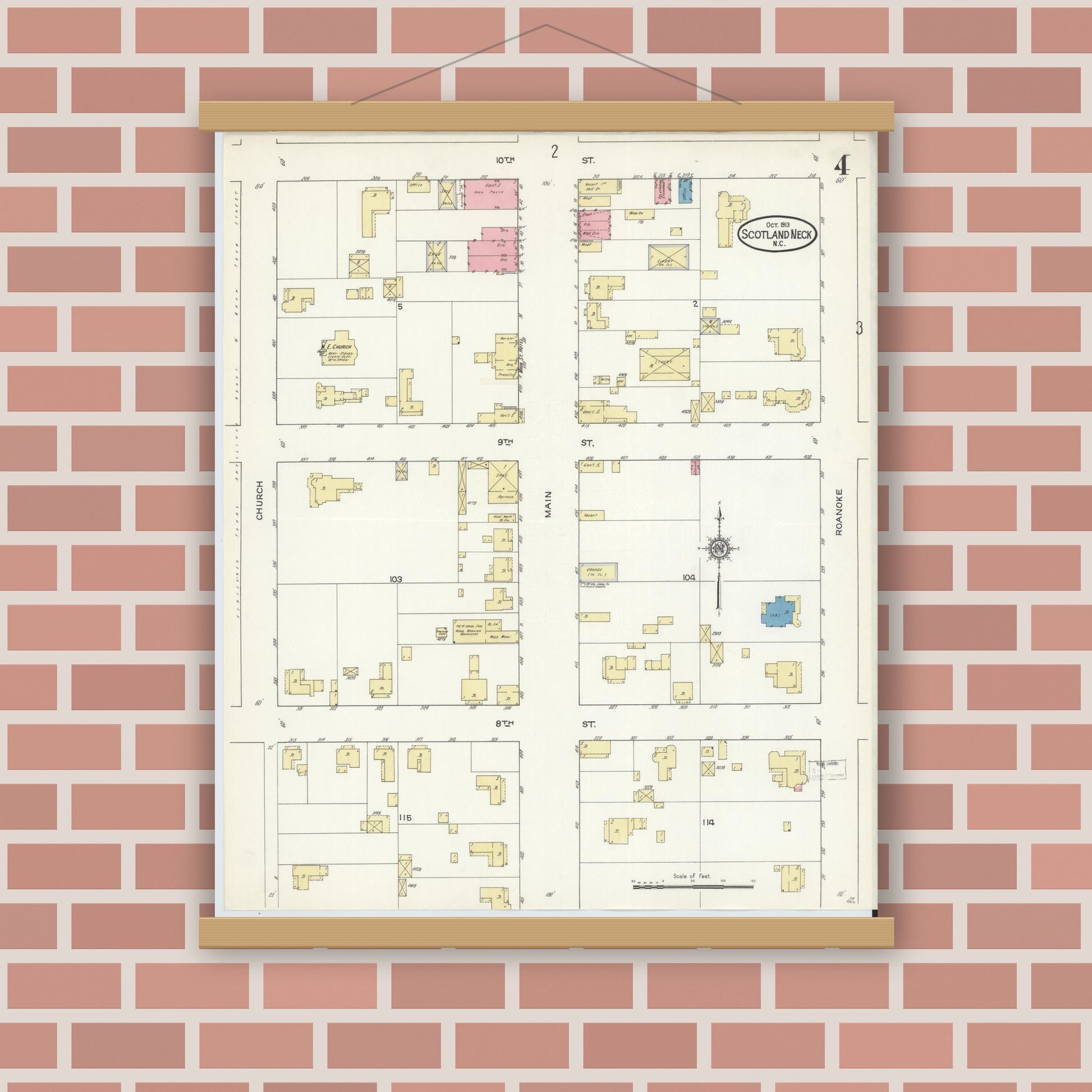 Old map wall art mockup — magnetic wood frame on brick wall — Sanborn Fire Insurance Map from Scotland Neck, Halifax County, North Carolina (1913), Sheet #0004