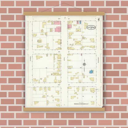 Old map wall art mockup — magnetic wood frame on brick wall — Sanborn Fire Insurance Map from Scotland Neck, Halifax County, North Carolina (1913), Sheet #0004