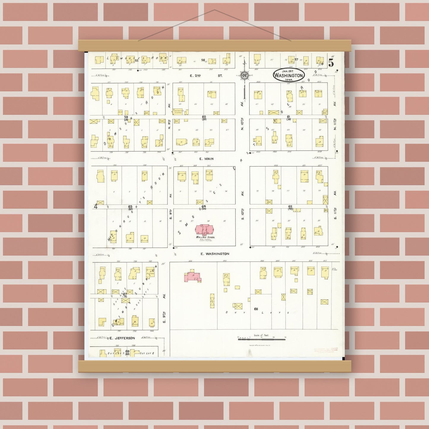 Old map wall art mockup — magnetic wood frame on brick wall — Sanborn Fire Insurance Map from Washington, Washington County, Iowa (1917), Sheet #0005