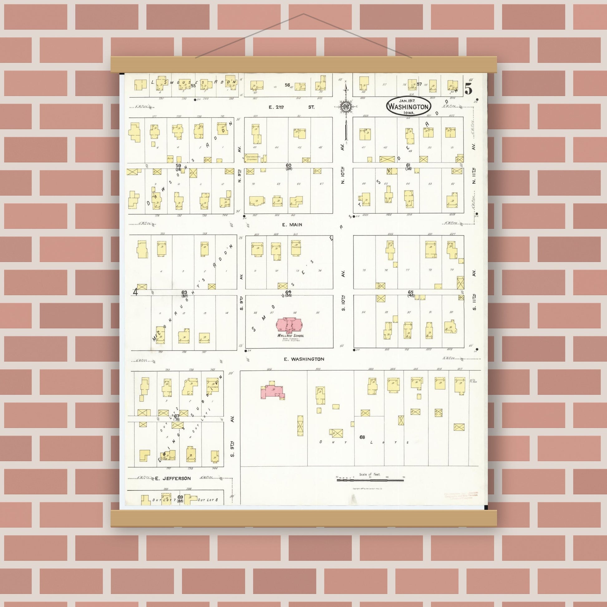 Old map wall art mockup — magnetic wood frame on brick wall — Sanborn Fire Insurance Map from Washington, Washington County, Iowa (1917), Sheet #0005
