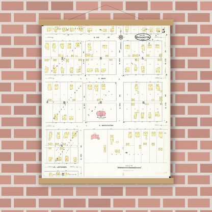 Old map wall art mockup — magnetic wood frame on brick wall — Sanborn Fire Insurance Map from Washington, Washington County, Iowa (1917), Sheet #0005