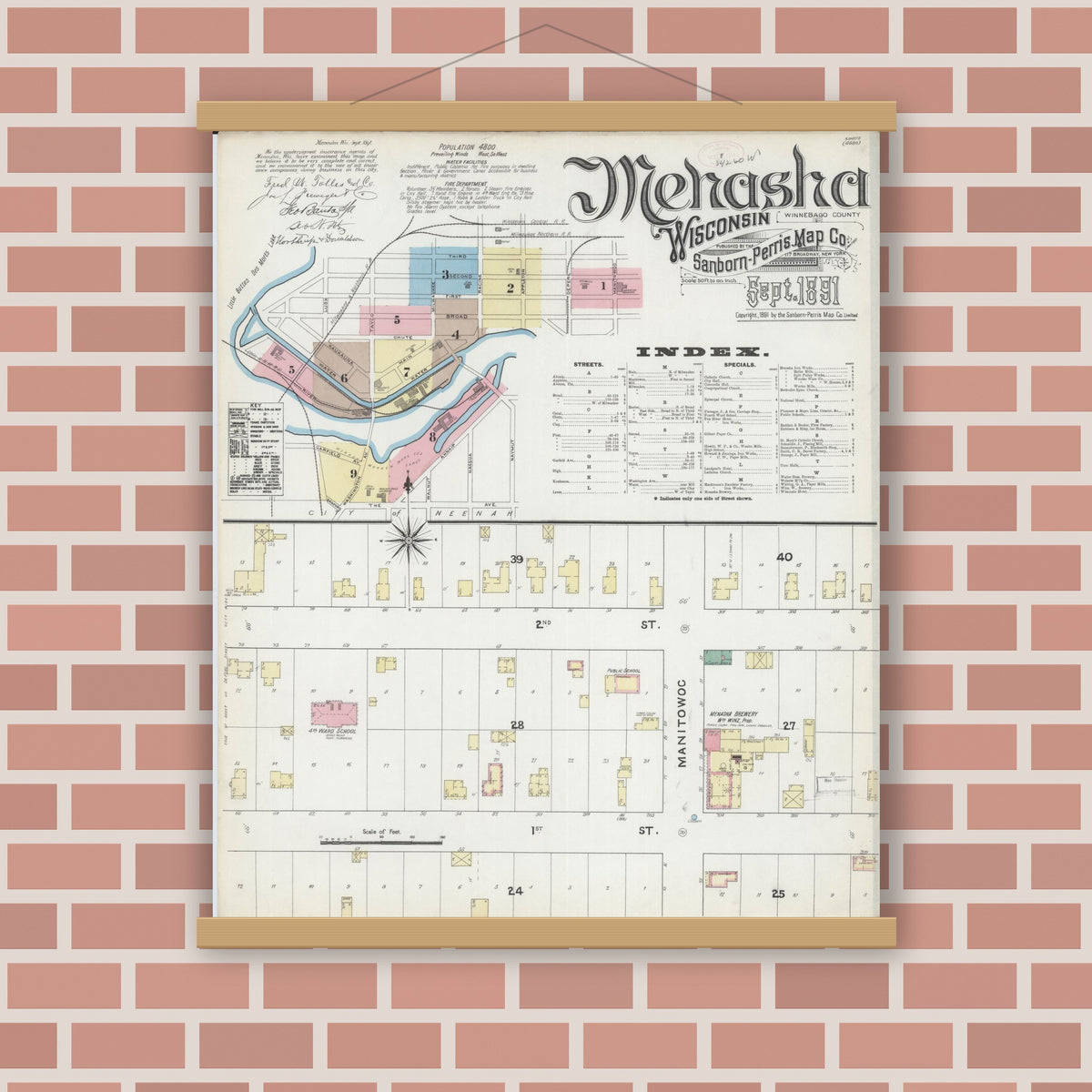 Old map wall art mockup — magnetic wood frame on brick wall — Sanborn Fire Insurance Map from Menasha, Winnebago County, Wisconsin (1891) - Complete Map Set