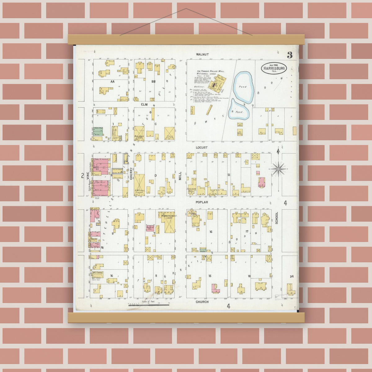 Old map wall art mockup — magnetic wood frame on brick wall — Sanborn Fire Insurance Map from Harrisburg, Saline County, Illinois (1900), Sheet #0003