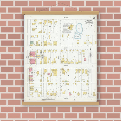 Old map wall art mockup — magnetic wood frame on brick wall — Sanborn Fire Insurance Map from Harrisburg, Saline County, Illinois (1900), Sheet #0003