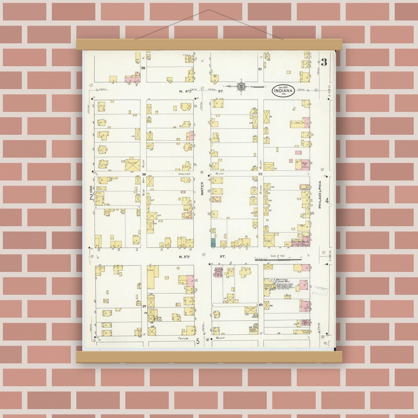 Old map wall art mockup — magnetic wood frame on brick wall — Sanborn Fire Insurance Map from Indiana, Indiana County, Pennsylvania (1910), Sheet #0003
