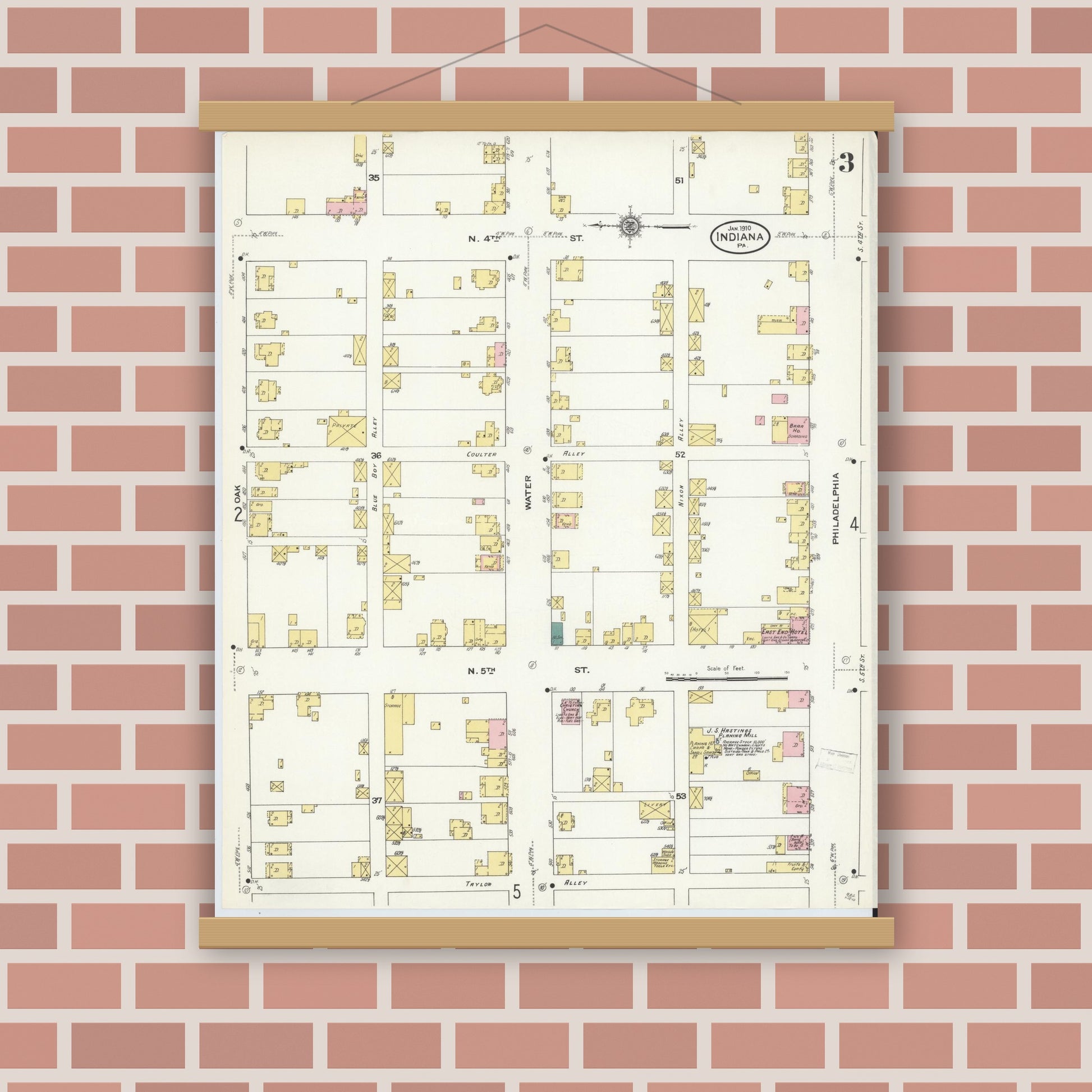 Old map wall art mockup — magnetic wood frame on brick wall — Sanborn Fire Insurance Map from Indiana, Indiana County, Pennsylvania (1910), Sheet #0003