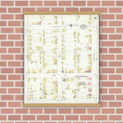 Old map wall art mockup — magnetic wood frame on brick wall — Sanborn Fire Insurance Map from Indiana, Indiana County, Pennsylvania (1910), Sheet #0003