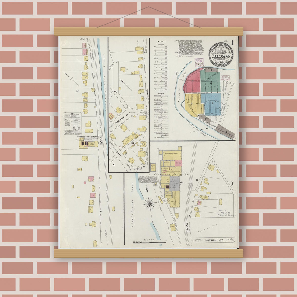 Old map wall art mockup — magnetic wood frame on brick wall — Sanborn Fire Insurance Map from Leechburg, Armstrong County, Pennsylvania (1909) - Complete Map Set