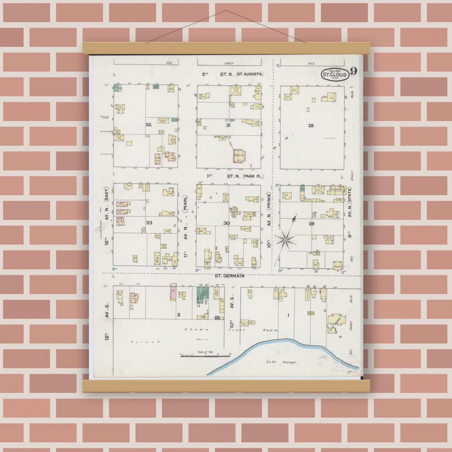 Old map wall art mockup — magnetic wood frame on brick wall — Sanborn Fire Insurance Map from Saint Cloud, Stearns, Benton, and Sherburne Counties, Minnesota (1889), Sheet #0009