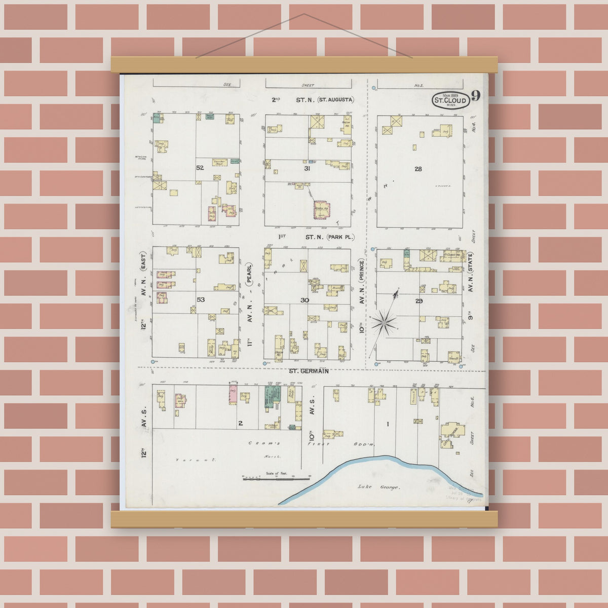 Old map wall art mockup — magnetic wood frame on brick wall — Sanborn Fire Insurance Map from Saint Cloud, Stearns, Benton, and Sherburne Counties, Minnesota (1889), Sheet #0009