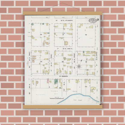 Old map wall art mockup — magnetic wood frame on brick wall — Sanborn Fire Insurance Map from Saint Cloud, Stearns, Benton, and Sherburne Counties, Minnesota (1889), Sheet #0009