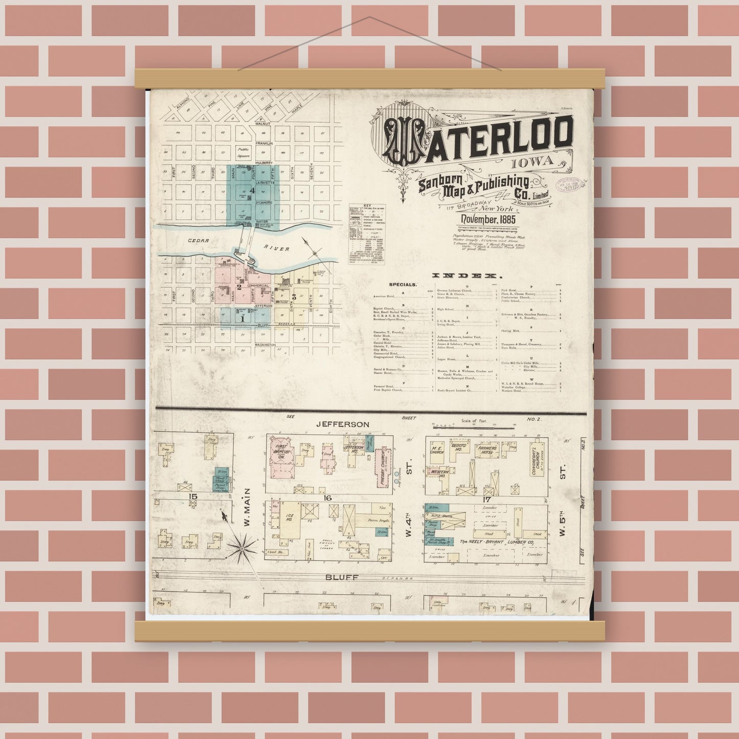 Old map wall art mockup — magnetic wood frame on brick wall — Sanborn Fire Insurance Map from Waterloo, Black Hawk County, Iowa (1885) â€” Complete Set