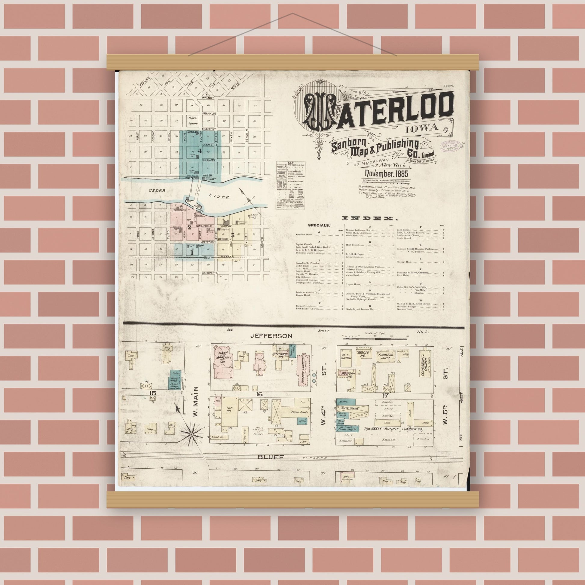 Old map wall art mockup — magnetic wood frame on brick wall — Sanborn Fire Insurance Map from Waterloo, Black Hawk County, Iowa (1885) â€” Complete Set