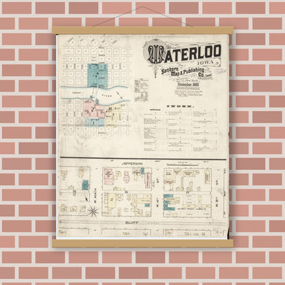 Old map wall art mockup — magnetic wood frame on brick wall — Sanborn Fire Insurance Map from Waterloo, Black Hawk County, Iowa (1885) â€” Complete Set
