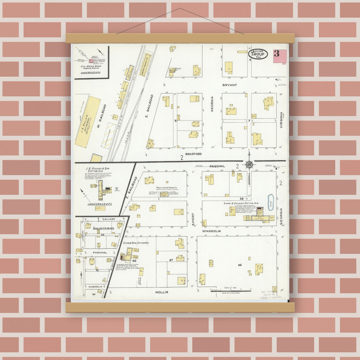 Old map wall art mockup — magnetic wood frame on brick wall — Sanborn Fire Insurance Map from Troup, Smith County, Texas (1919), Sheet #0003