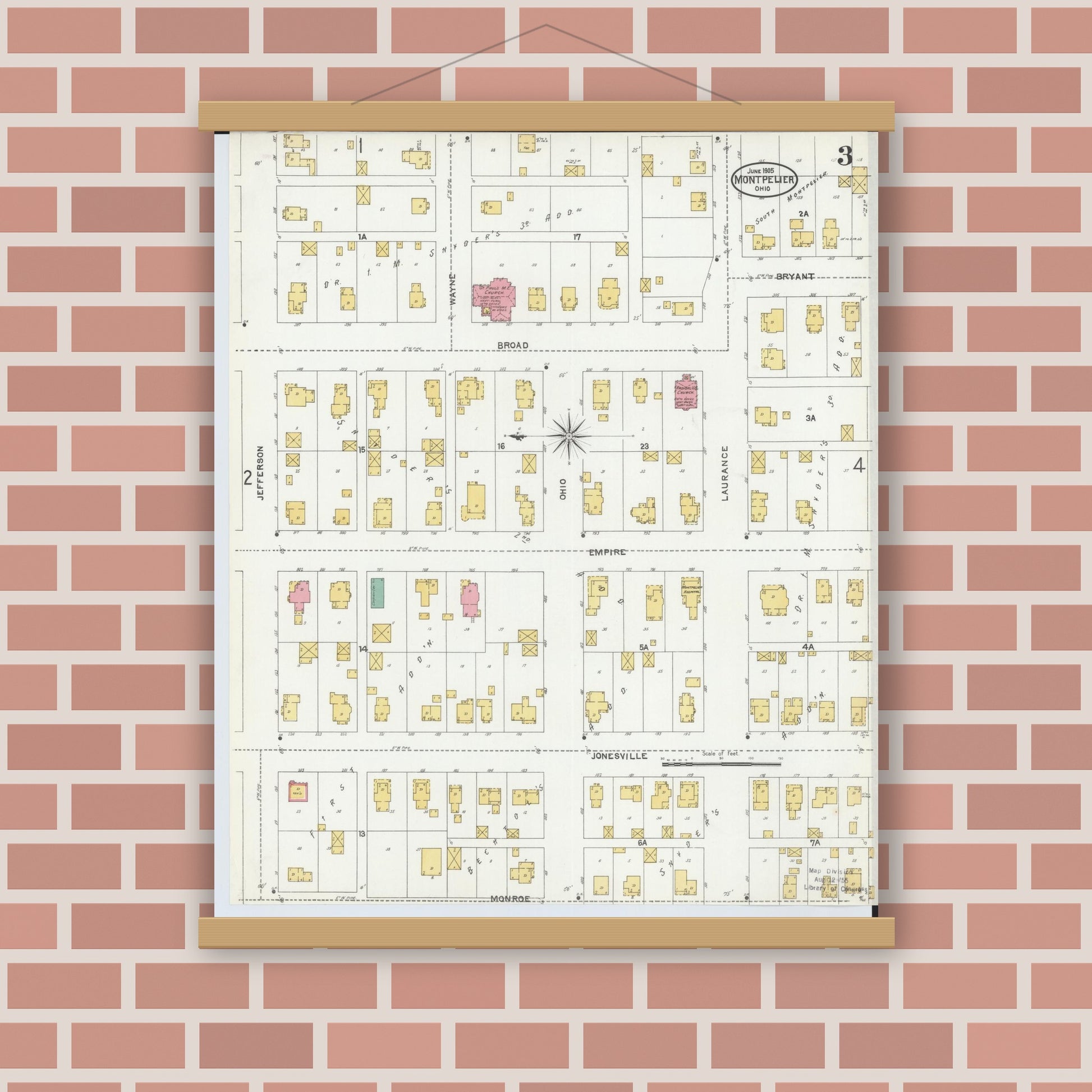Old map wall art mockup — magnetic wood frame on brick wall — Sanborn Fire Insurance Map from Montpelier, Williams County, Ohio (1905), Sheet #0003