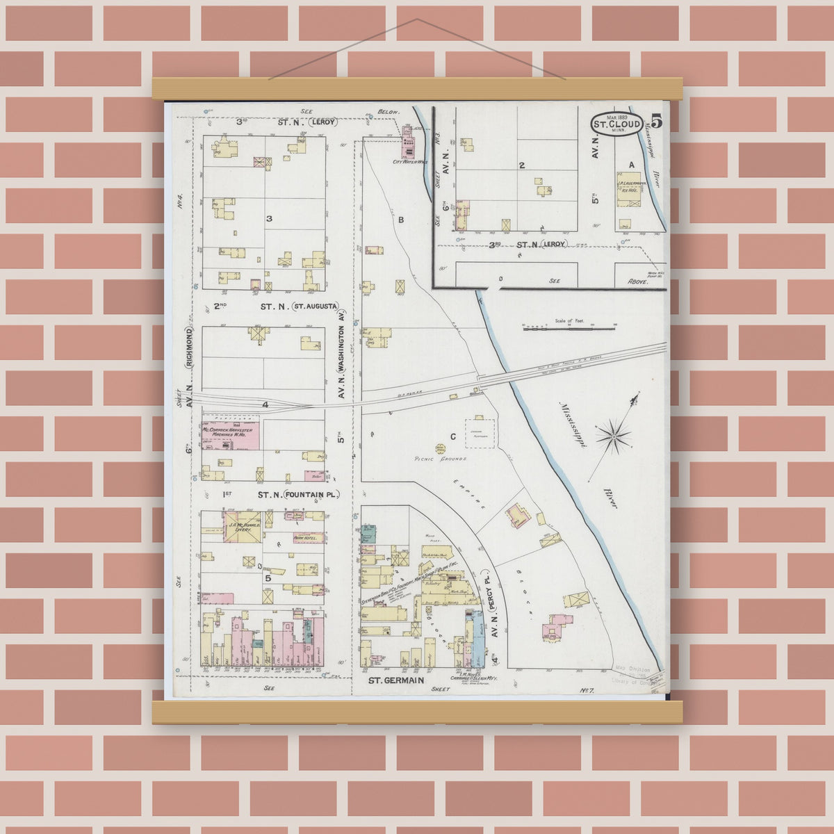 Old map wall art mockup — magnetic wood frame on brick wall — Sanborn Fire Insurance Map from Saint Cloud, Stearns, Benton, and Sherburne Counties, Minnesota (1889), Sheet #0005