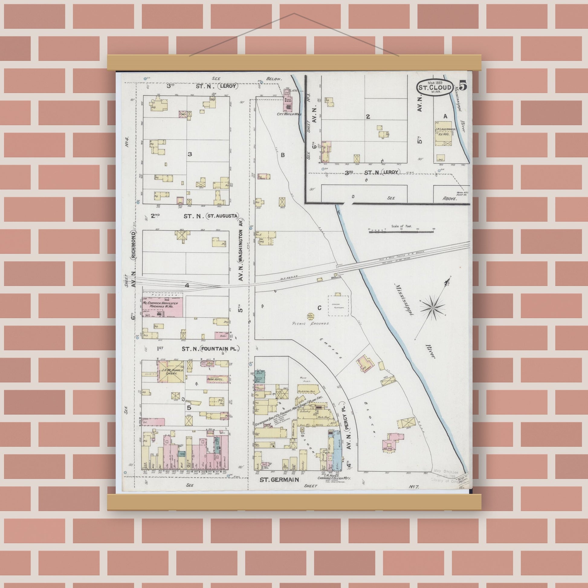 Old map wall art mockup — magnetic wood frame on brick wall — Sanborn Fire Insurance Map from Saint Cloud, Stearns, Benton, and Sherburne Counties, Minnesota (1889), Sheet #0005