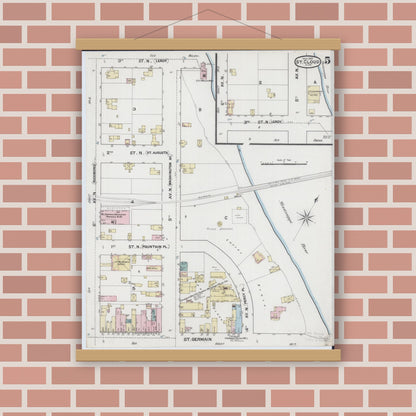 Old map wall art mockup — magnetic wood frame on brick wall — Sanborn Fire Insurance Map from Saint Cloud, Stearns, Benton, and Sherburne Counties, Minnesota (1889), Sheet #0005