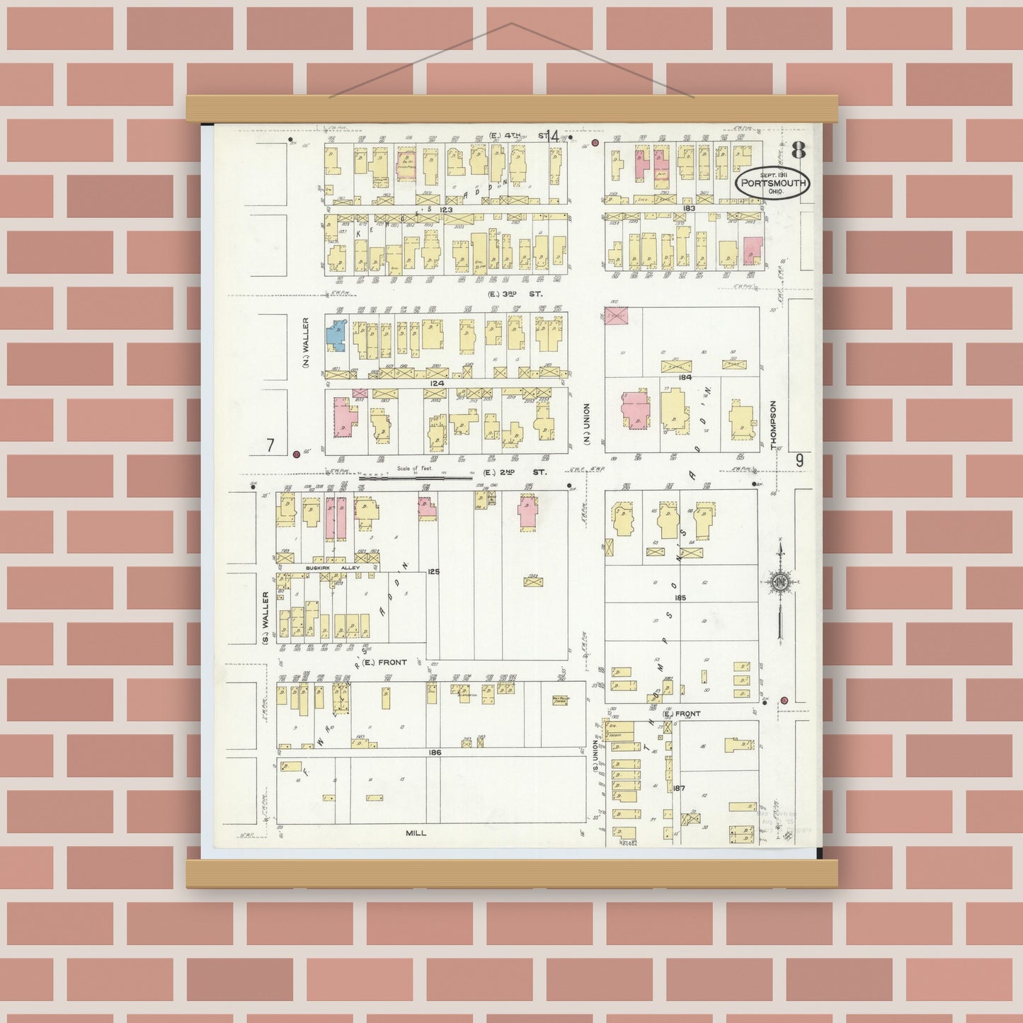 Old map wall art mockup — magnetic wood frame on brick wall — Sanborn Fire Insurance Map from Portsmouth, Scioto County, Ohio (1911), Sheet #0008