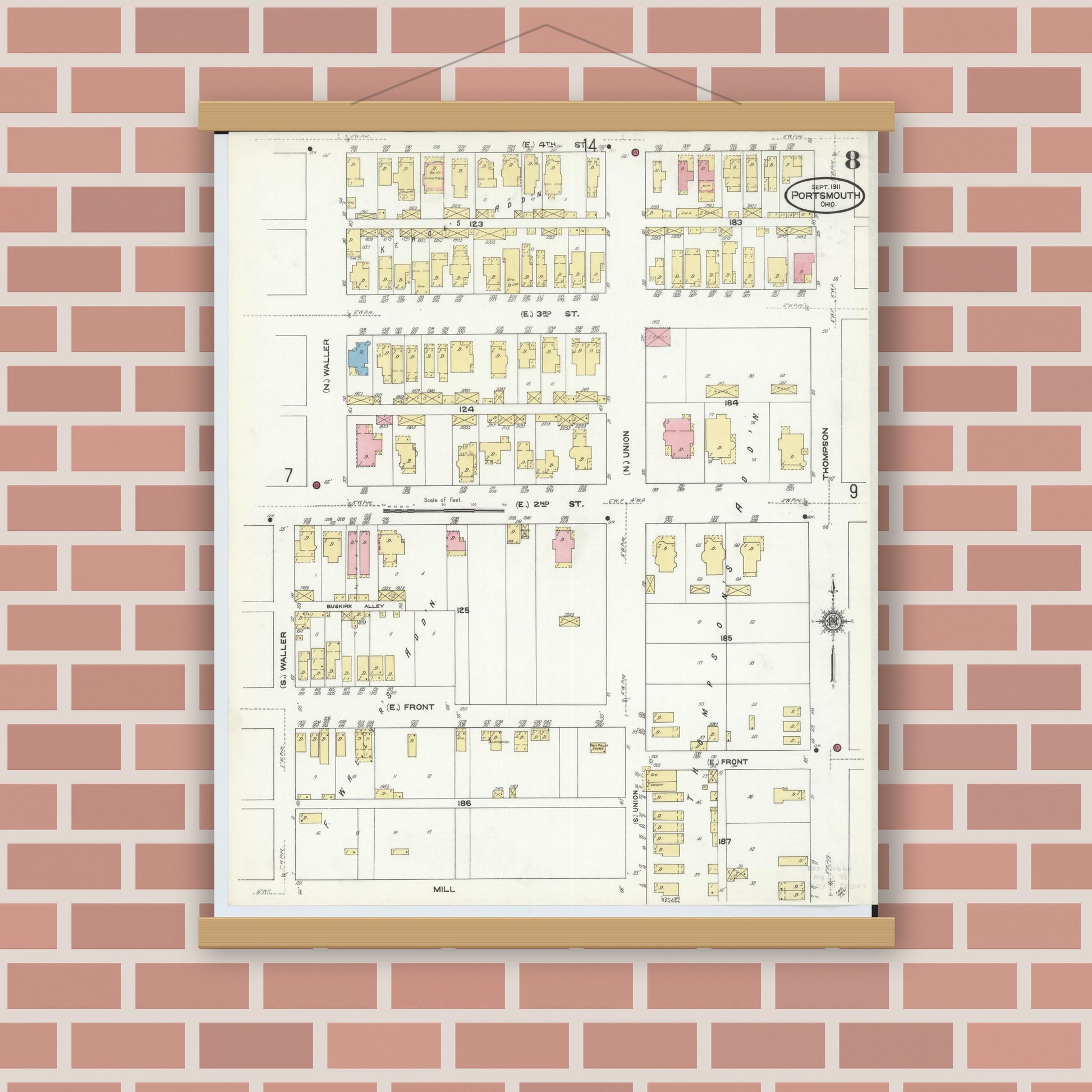 Old map wall art mockup — magnetic wood frame on brick wall — Sanborn Fire Insurance Map from Portsmouth, Scioto County, Ohio (1911), Sheet #0008